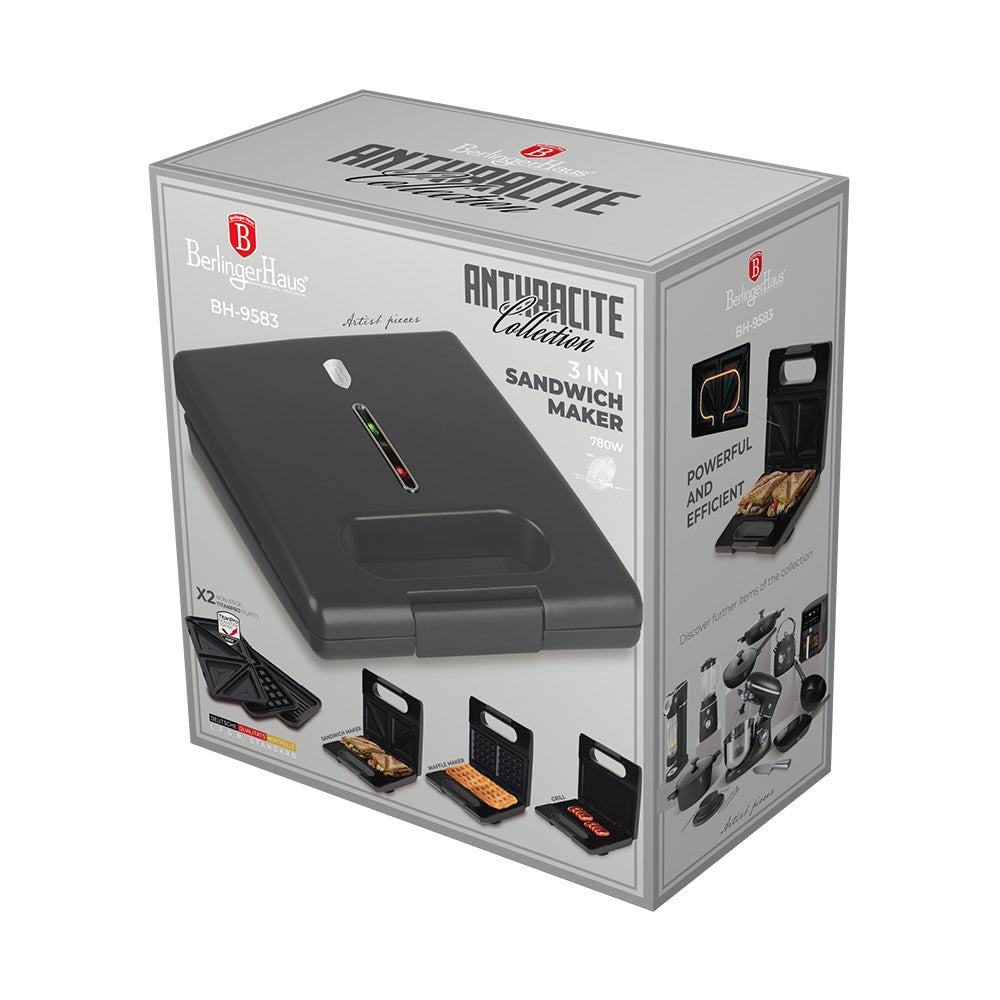 BerlingerHaus Sandwich Maker 3-in-1 Matt Anthracite - Removable Plates - Waffle & Grill - 780W