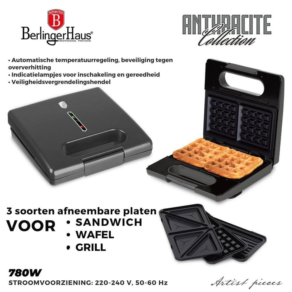BerlingerHaus Sandwich Maker 3-in-1 Matt Anthracite - Removable Plates - Waffle & Grill - 780W