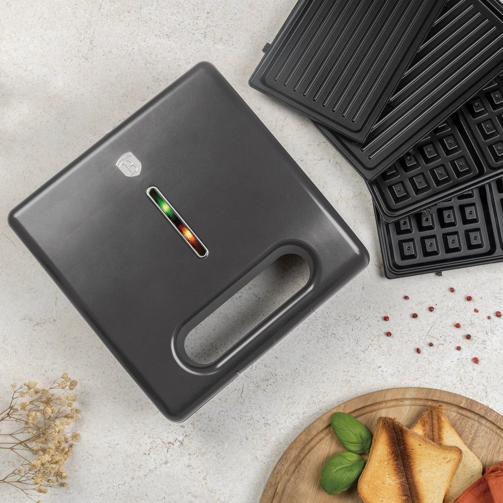 BerlingerHaus Sandwich Maker 3-in-1 Matt Anthracite - Removable Plates - Waffle & Grill - 780W