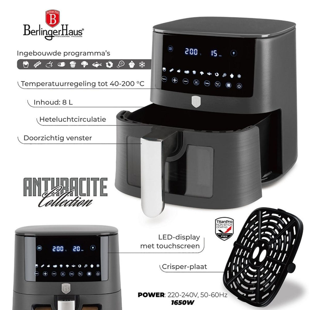 BerlingerHaus Airfryer XXXL Matte Anthracite - with Viewing Window - 8 Liters - 1650W