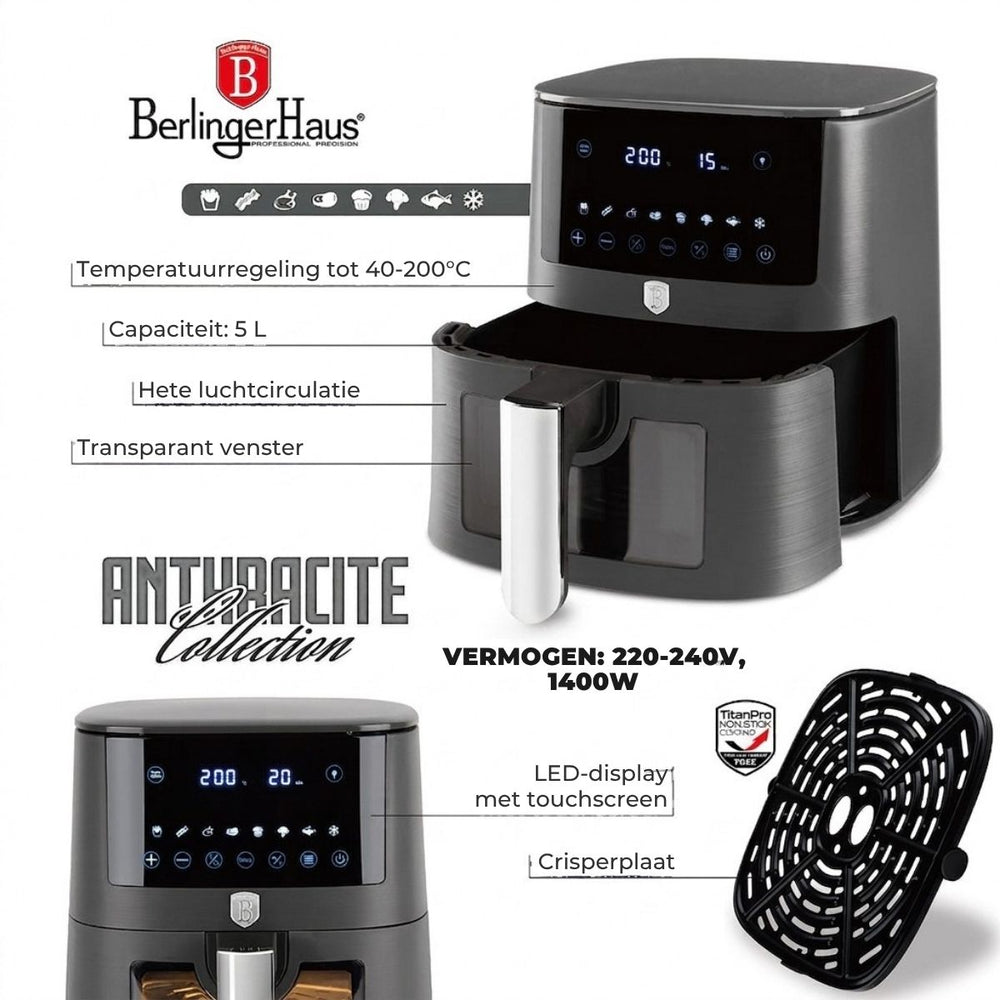 BerlingerHaus Airfryer XL Matt Anthracite - with Viewing Window - 5 Liters - 1400W