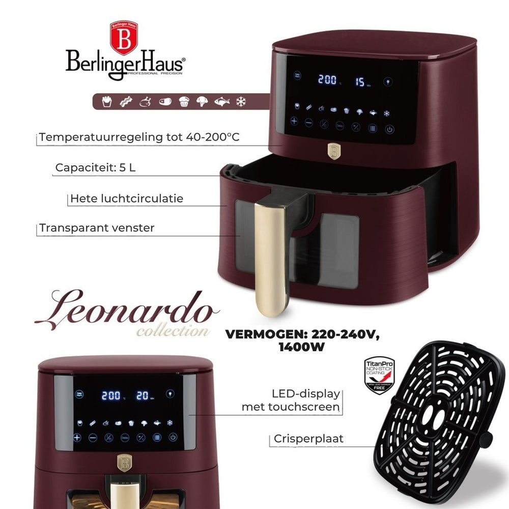 BerlingerHaus Airfryer XL Matt Burgundy - with Viewing Window - 5 Liters - 1400W