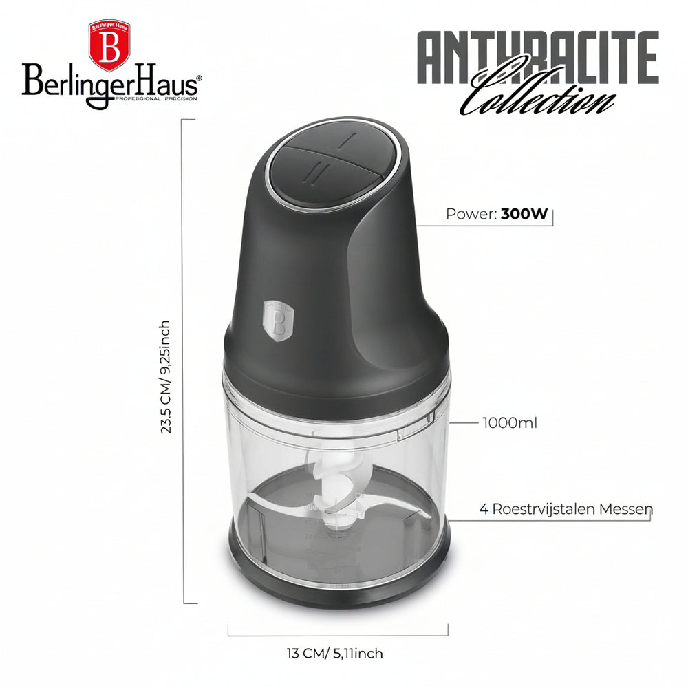 BerlingerHaus Food Chopper Anthracite - 2-in-1 - 4 Blades - 300W