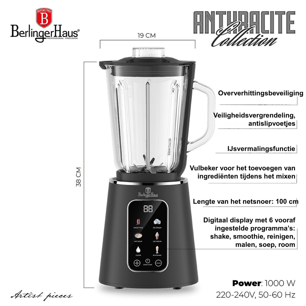 BerlingerHaus Table Blender Digital Matt Anthracite - Glass Jug - 1.5 Liter - 1000W