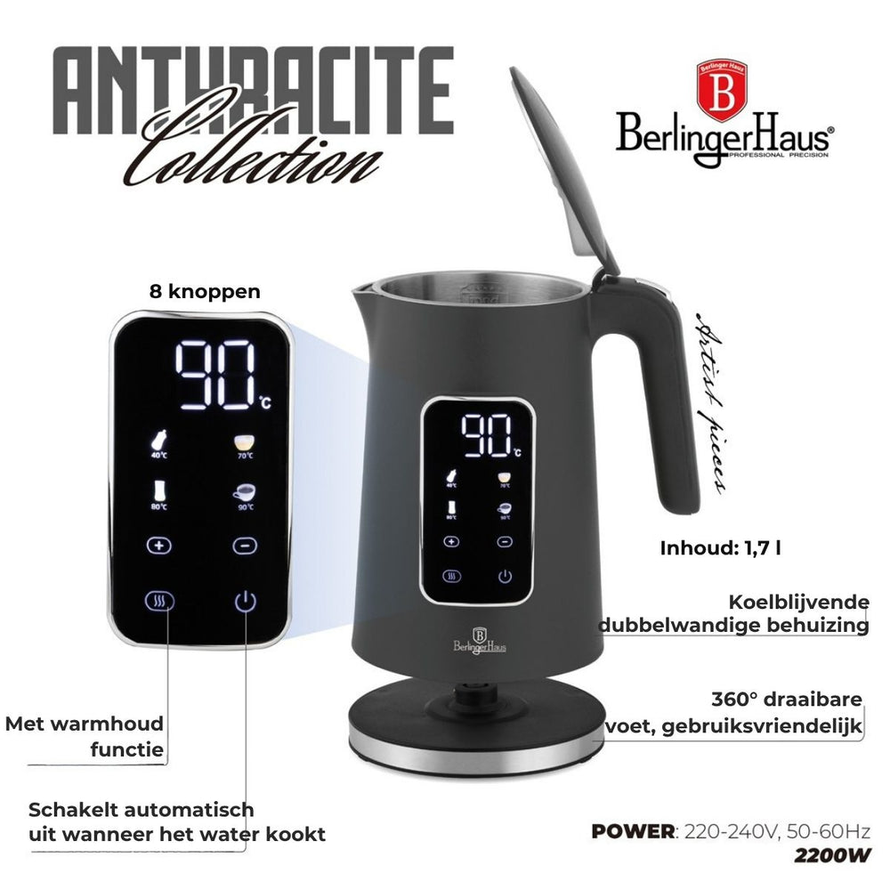 BerlingerHaus Electric Kettle Digital Matt Anthracite - Temperature Setting - 1.7 Liter - 2200W