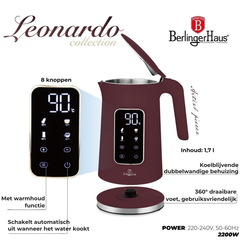 BerlingerHaus Electric Kettle Digital Matt Burgundy - Temperature Setting - 1.7 Liter - 2200W