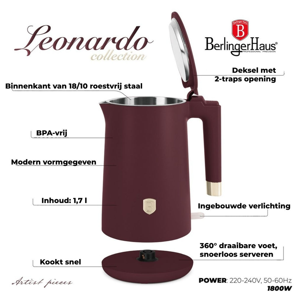 BerlingerHaus Electric Kettle Double-Walled Matt Burgundy - 1.7 Liter - 1800W