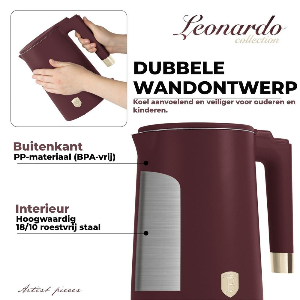 BerlingerHaus Electric Kettle Double-Walled Matt Burgundy - 1.7 Liter - 1800W
