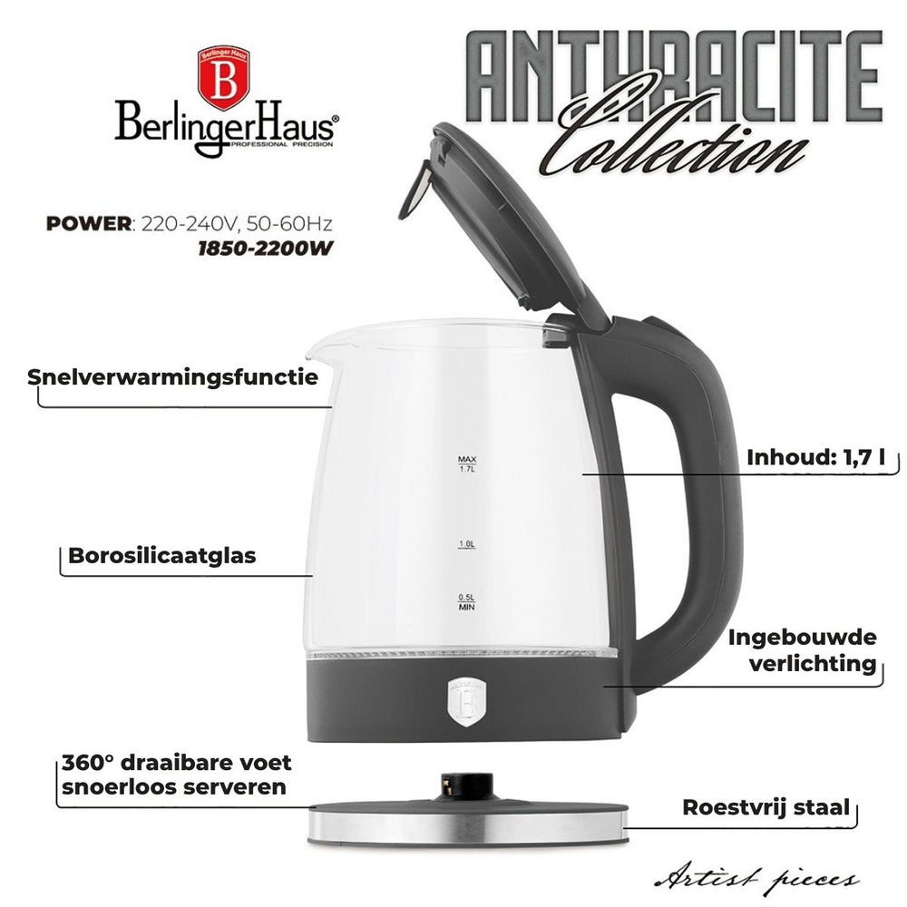 BerlingerHaus Electric Kettle Glass Matt Anthracite - 1.7 Liter - 2200W