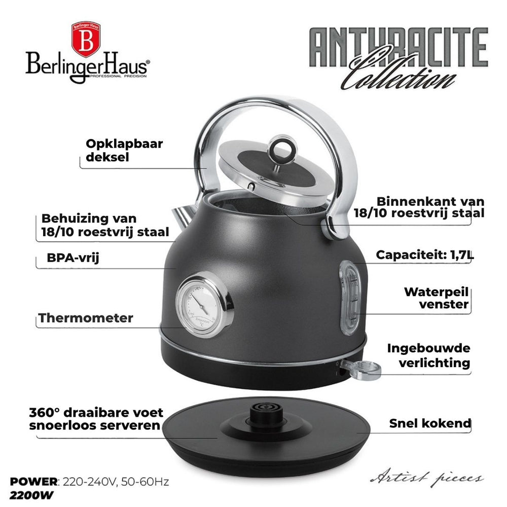 BerlingerHaus kettle Mat Antraciet - con termómetro - 1.7 liter - 2200W