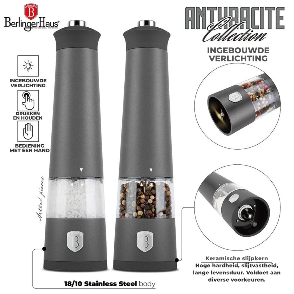 BerlingerHaus Set de molinillos de pimienta y sal eléctrico mate antracita - molino de cerámica - 2 piezas