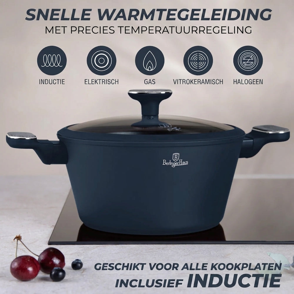 BerlingerHaus Cookware Set Matte Blue 11-Piece - Cooking Pots ø 20, 24, 28 cm, Frying Pans ø 24, 28 cm & Saucepan ø 16 cm - Suitable for All Heat Sources