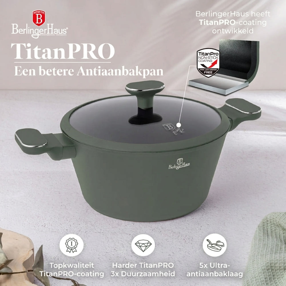 BerlingerHaus Cookware Set Matte Green 11-Piece - Cooking Pot ø 20, 24, 28 cm, Frying Pan ø 24, 28 cm & Saucepan ø 16 cm - Suitable for All Heat Sources