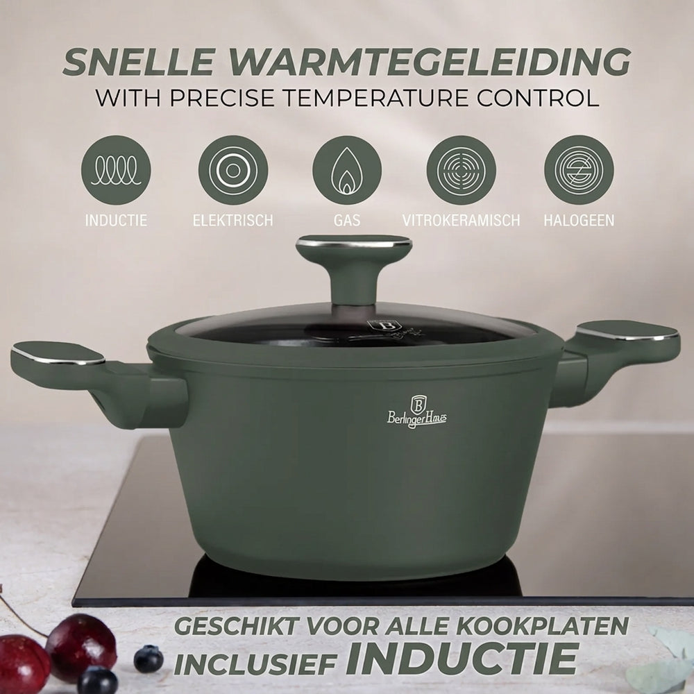 BerlingerHaus Cookware Set Matte Green 11-Piece - Cooking Pot ø 20, 24, 28 cm, Frying Pan ø 24, 28 cm & Saucepan ø 16 cm - Suitable for All Heat Sources