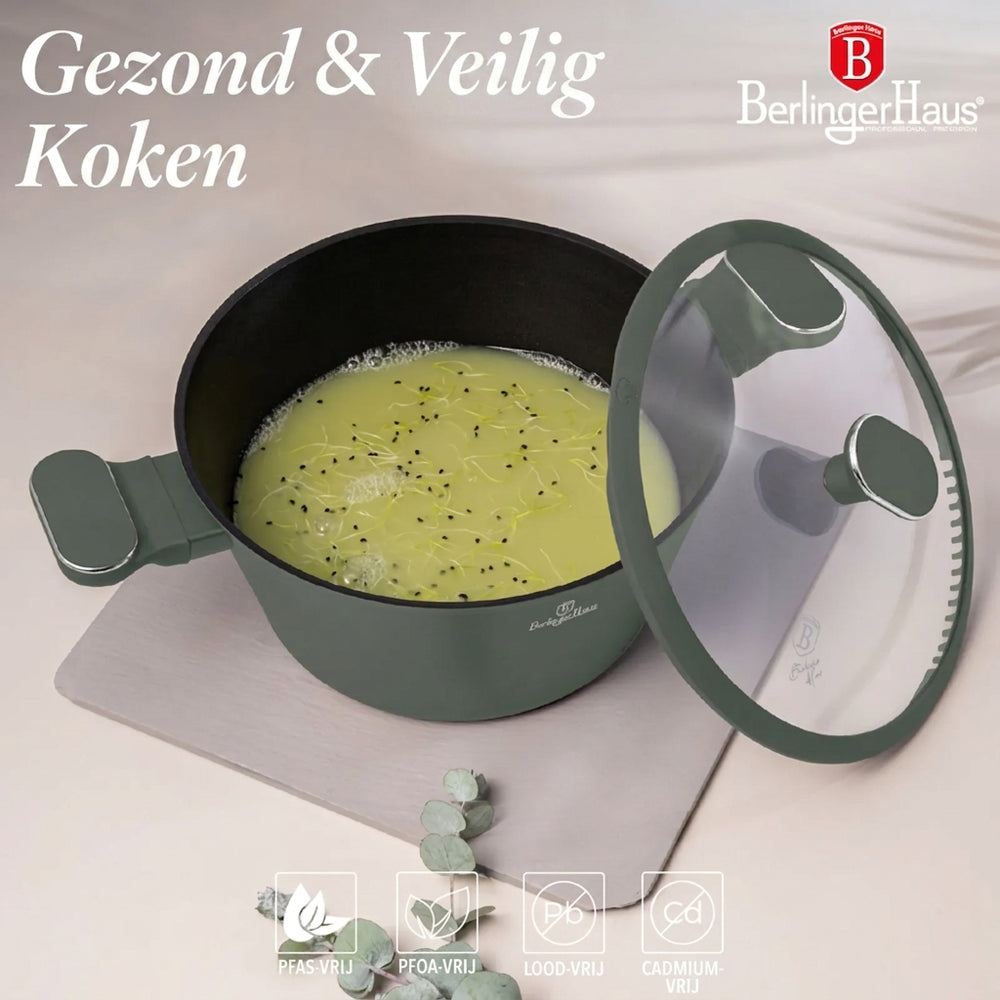 BerlingerHaus Cookware Set Matte Green 11-Piece - Cooking Pot ø 20, 24, 28 cm, Frying Pan ø 24, 28 cm & Saucepan ø 16 cm - Suitable for All Heat Sources