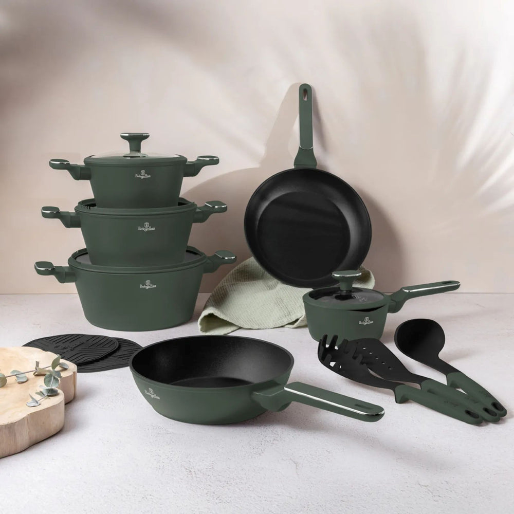 BerlingerHaus Cookware Set Matte Green 11-Piece - Cooking Pot ø 20, 24, 28 cm, Frying Pan ø 24, 28 cm & Saucepan ø 16 cm - Suitable for All Heat Sources