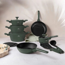BerlingerHaus Cookware Set Matte Green 11-Piece - Cooking Pot ø 20, 24, 28 cm, Frying Pan ø 24, 28 cm & Saucepan ø 16 cm - Suitable for All Heat Sources