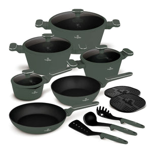 BerlingerHaus Cookware Set Matte Green 11-Piece - Cooking Pot ø 20, 24, 28 cm, Frying Pan ø 24, 28 cm & Saucepan ø 16 cm - Suitable for All Heat Sources