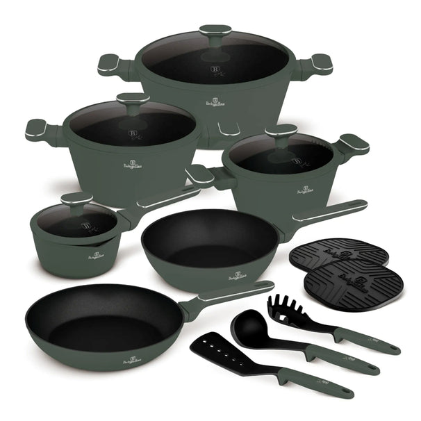 BerlingerHaus Juego de Sartenes Verde Mate 11 Piezas - Olla ø 20, 24, 28 cm, Sartén ø 24, 28 cm & Cacerola ø 16 cm - Apta para todas las fuentes de calor