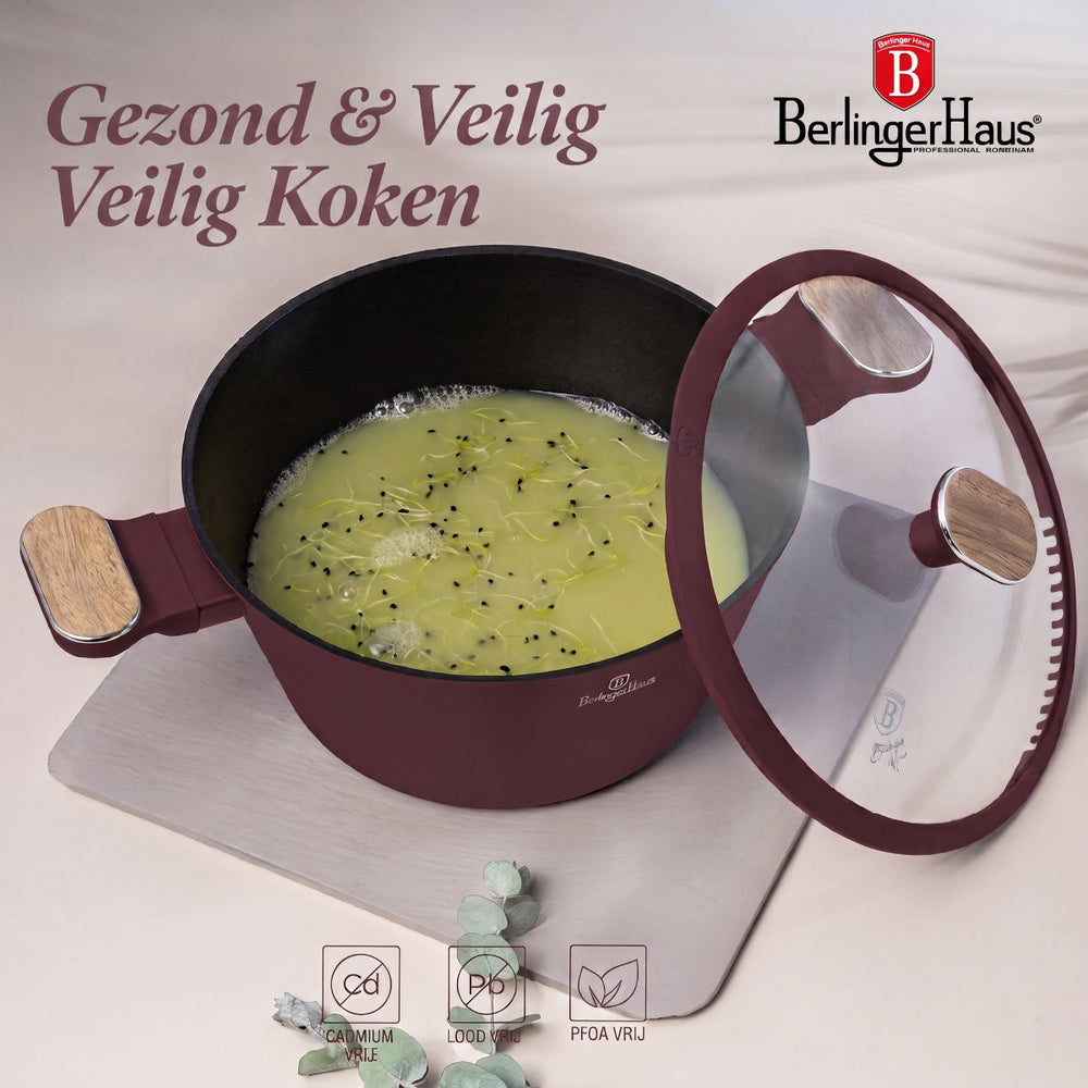 BerlingerHaus Cookware Set Nordic Matte Bordeaux 11-Piece - Cooking Pot ø 20, 24, 28 cm, Frying Pan ø 24, 28 cm & Saucepan ø 16 cm - Suitable for All Heat Sources