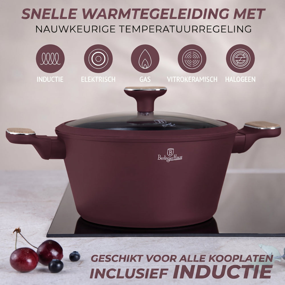 BerlingerHaus Cookware Set Nordic Matte Bordeaux 11-Piece - Cooking Pot ø 20, 24, 28 cm, Frying Pan ø 24, 28 cm & Saucepan ø 16 cm - Suitable for All Heat Sources