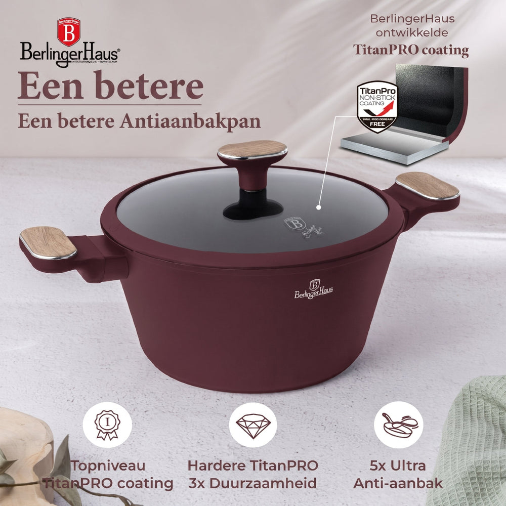 BerlingerHaus Cookware Set Nordic Matte Bordeaux 11-Piece - Cooking Pot ø 20, 24, 28 cm, Frying Pan ø 24, 28 cm & Saucepan ø 16 cm - Suitable for All Heat Sources