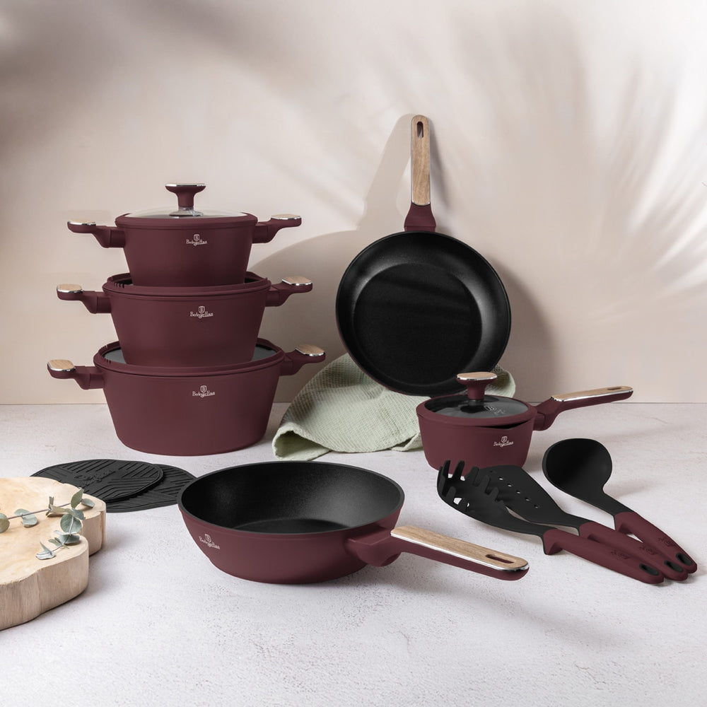 BerlingerHaus Cookware Set Nordic Matte Bordeaux 11-Piece - Cooking Pot ø 20, 24, 28 cm, Frying Pan ø 24, 28 cm & Saucepan ø 16 cm - Suitable for All Heat Sources