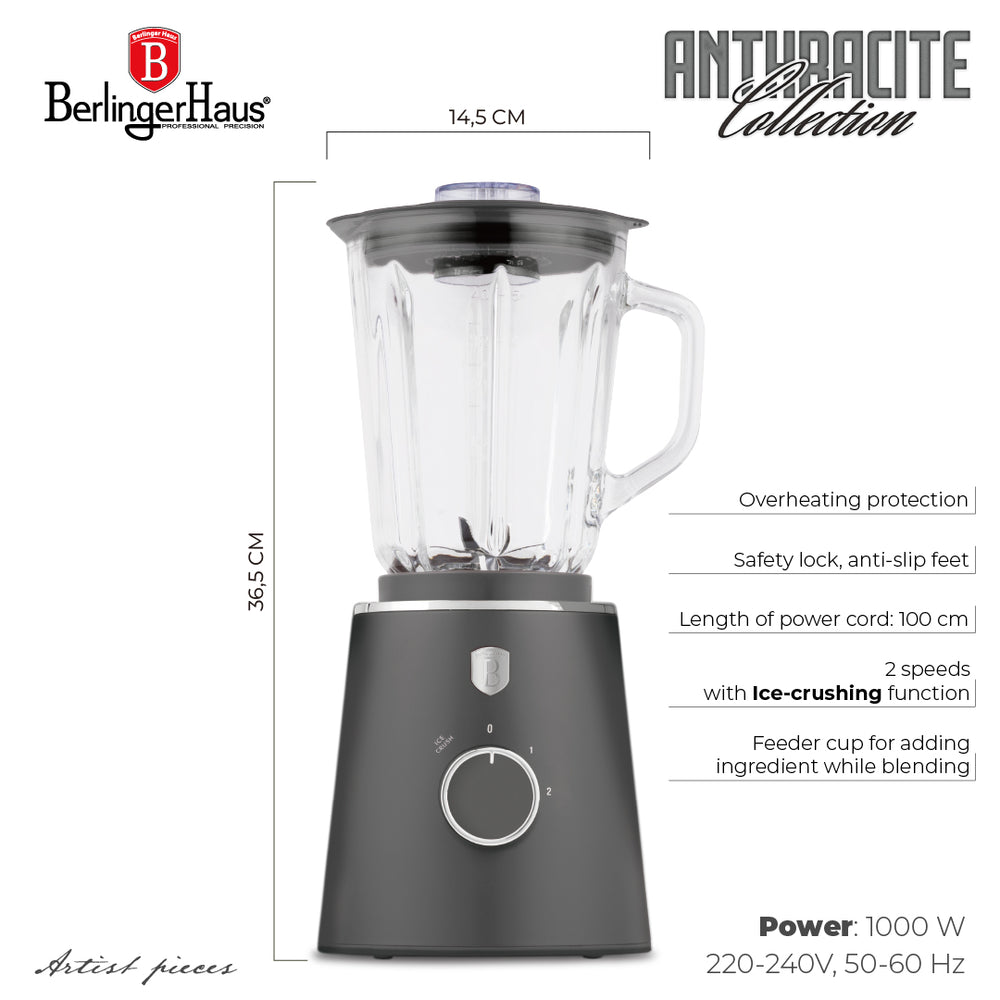 BerlingerHaus Table Blender Matt Anthracite - Glass Jug - 1.5 Liter - 1000W