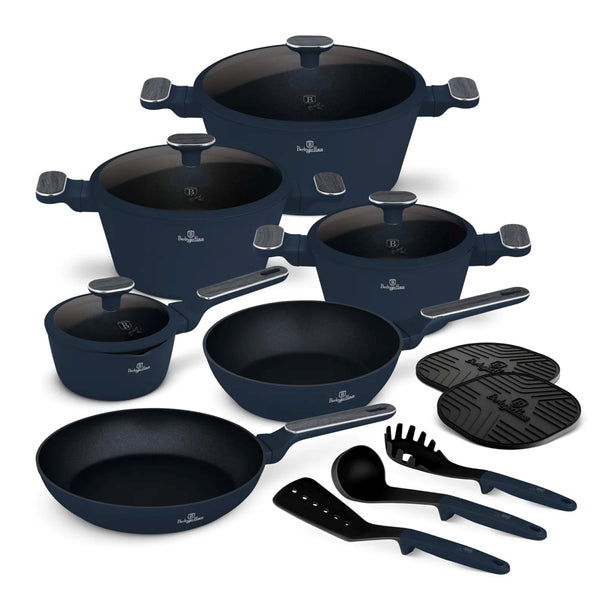 BerlingerHaus Set de Sartenes Azul Mate 11 Piezas - Olla ø 20, 24, 28 cm, Sartén ø 24, 28 cm & Cacerola ø 16 cm - Apta para todas las fuentes de calor