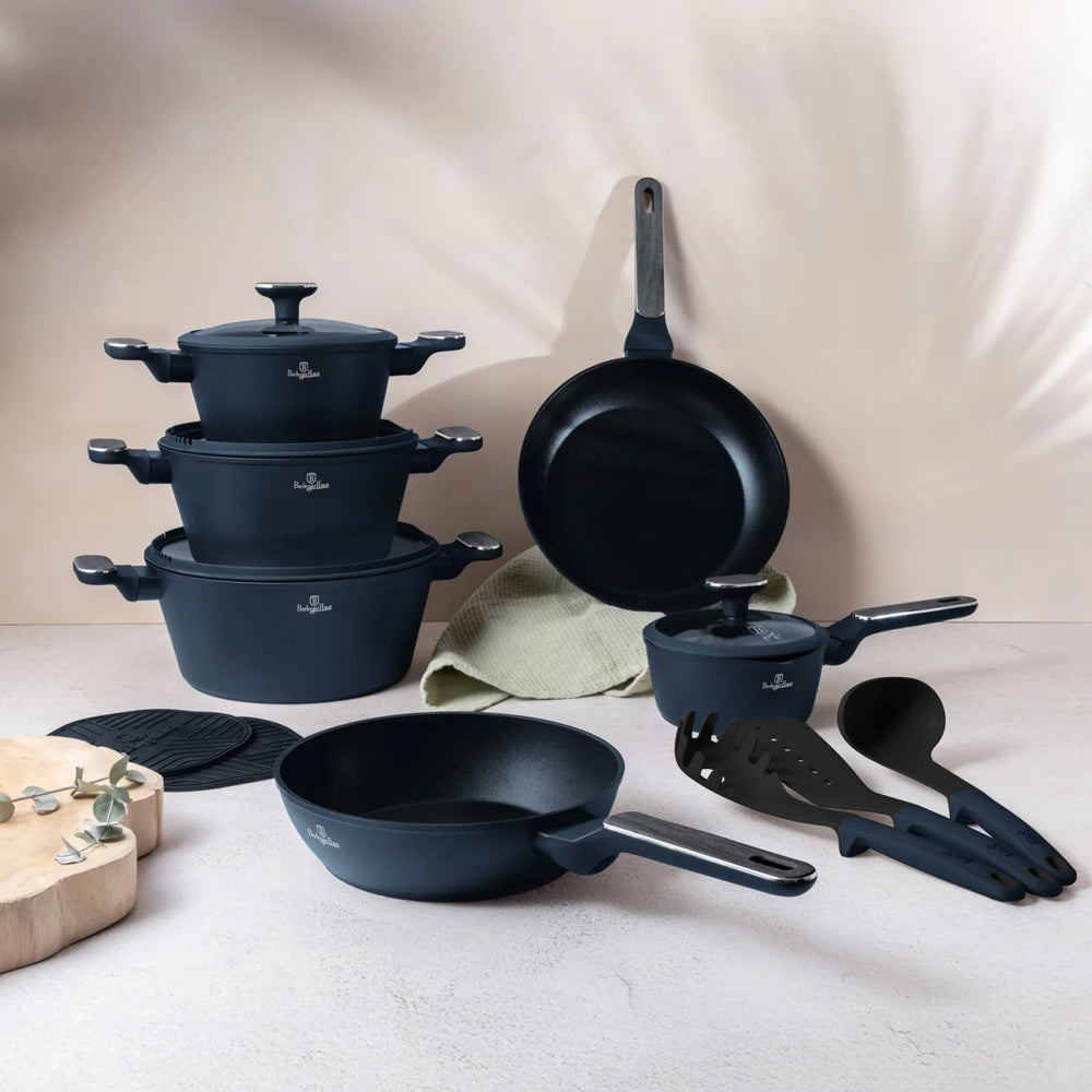 BerlingerHaus Cookware Set Matte Blue 11-Piece - Cooking Pots ø 20, 24, 28 cm, Frying Pans ø 24, 28 cm & Saucepan ø 16 cm - Suitable for All Heat Sources