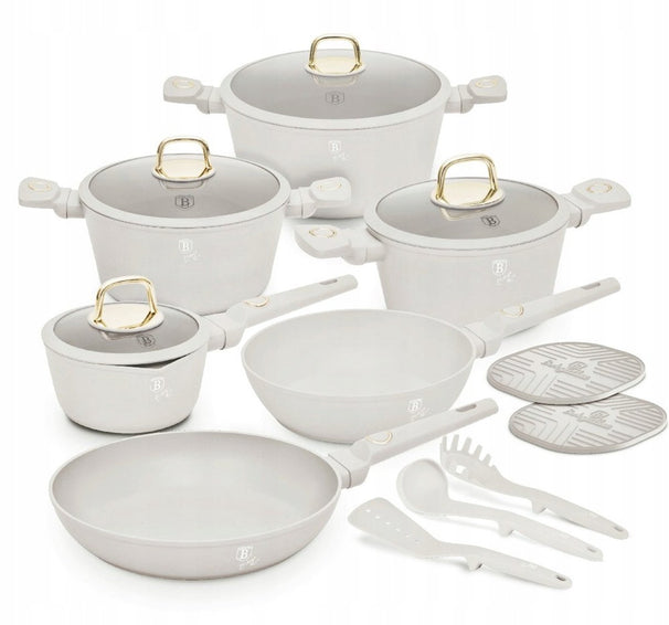 BerlingerHaus Set de Sartenes Mate Crema 11 Piezas - Olla ø 20, 24, 28 cm, Sartén ø 24, 28 cm & Cacerola ø 16 cm - Adecuado para todas las fuentes de calor