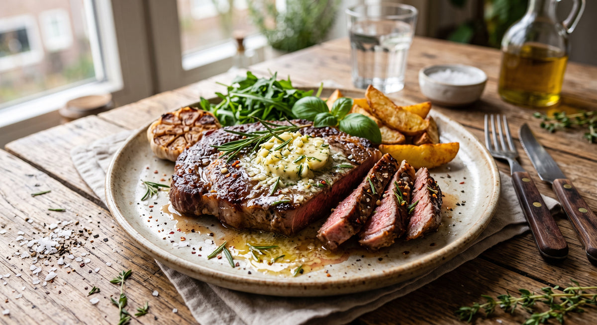 Juicy steak with a golden-brown crust, straight from the pan.