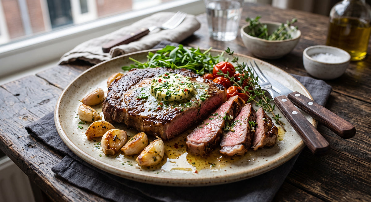 Juicy pan-seared steak, cooked just right.