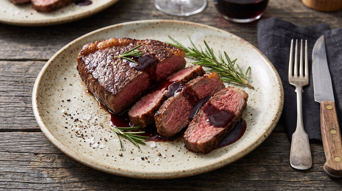A classic cut of meat with a rich sauce, ready in no time.