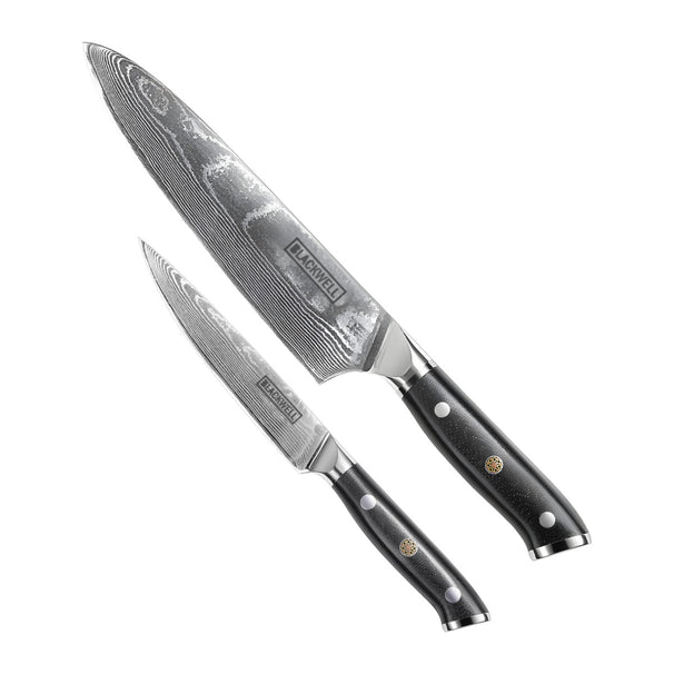 Set de cuchillos Blackwell (Cuchillo de chef + Cuchillo de oficina) - Estilo japonés - Acero damasco de 67 capas - VG10 - 2 piezas