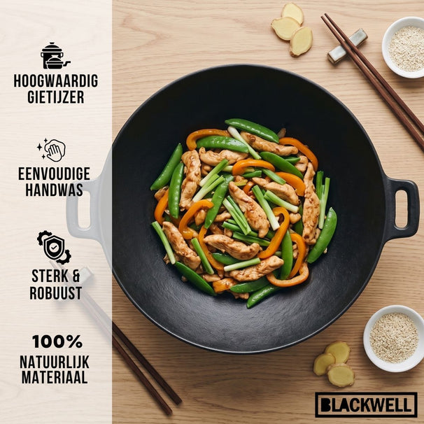 Wok / Wadjan Blackwell de hierro fundido ø 36 cm / 6.5 litros - apto para todas las fuentes de calor - sin recubrimiento antiadherente