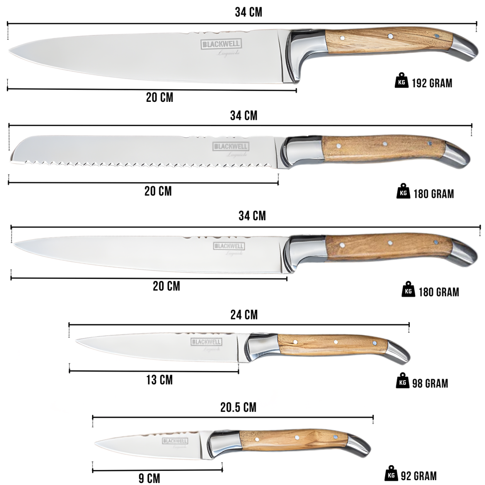 Bloque de cuchillos magnético Blackwell - Set de cuchillos de chef - Laguiole - Madera de olivo - Cuchillo de chef, cuchillo de pan, cuchillo de carne, cuchillo de oficina y cuchillo pelador 6 piezas