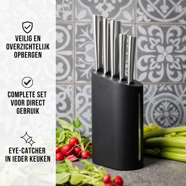 Bloque de cuchillos Blackwell - Cuchillo de chef, cuchillo para pan, cuchillo para carne, cuchillo de oficina y pelador - Juego de 6 piezas