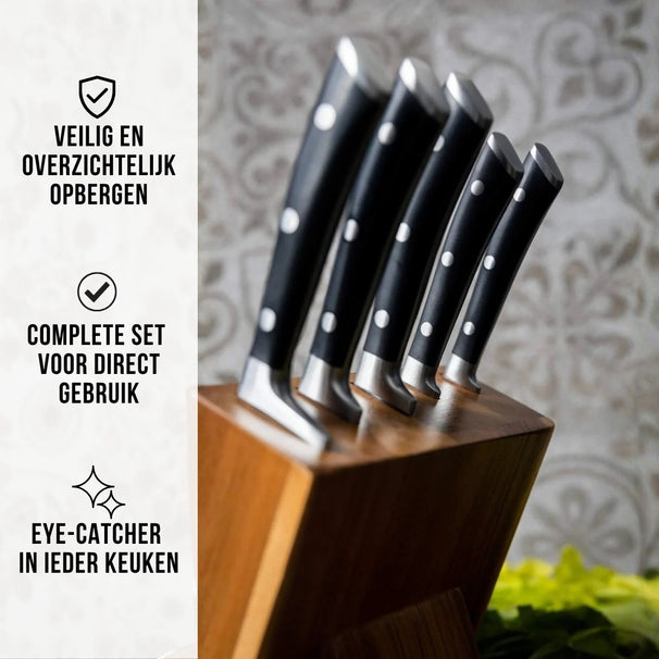 Bloque de cuchillos Blackwell - Deluxe - Cuchillo de chef, cuchillo para pan, cuchillo para carne, cuchillo de oficina y cuchillo pelador 6 piezas