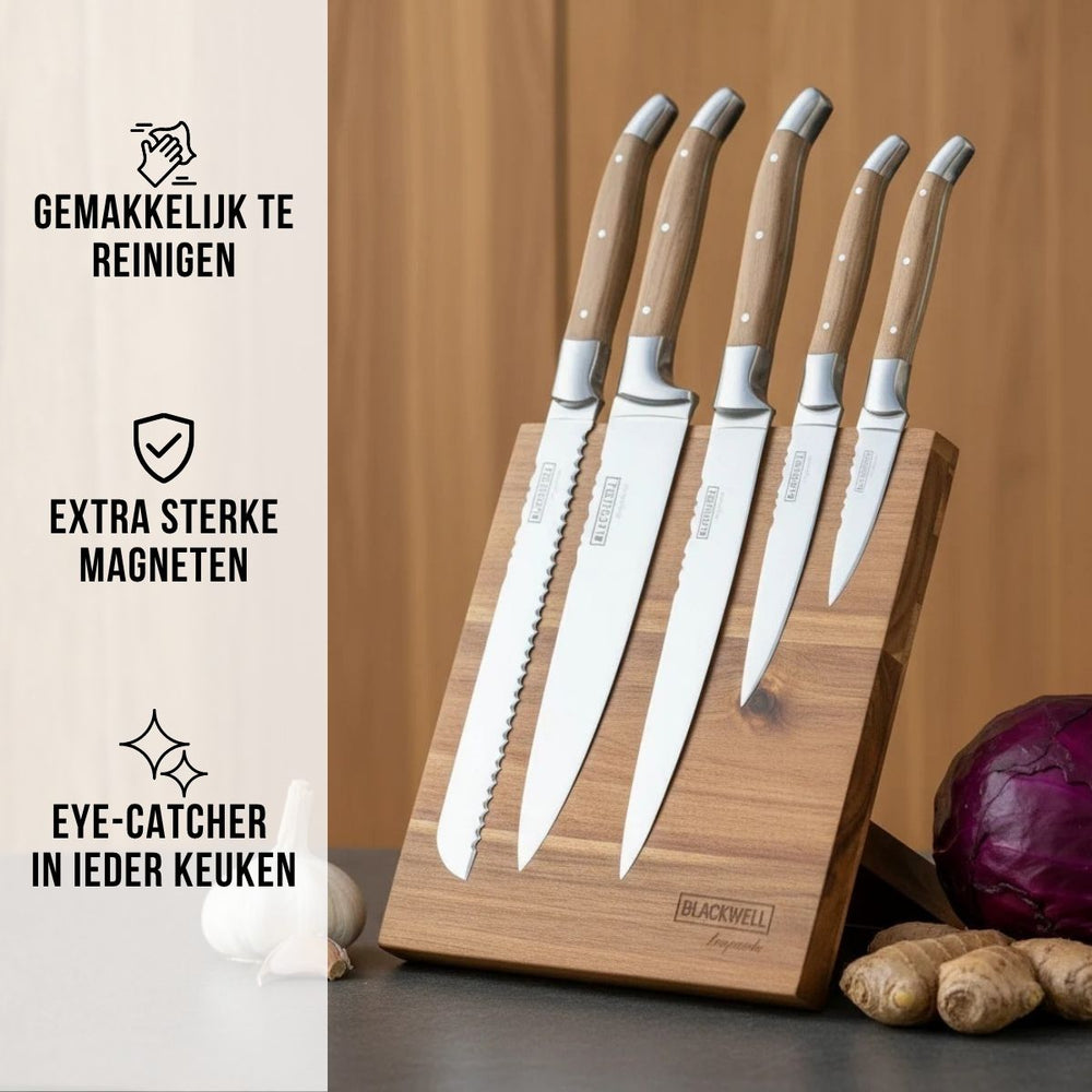 Bloque de cuchillos magnético Blackwell - Set de cuchillos de chef - Laguiole - Madera de olivo - Cuchillo de chef, cuchillo de pan, cuchillo de carne, cuchillo de oficina y cuchillo pelador 6 piezas