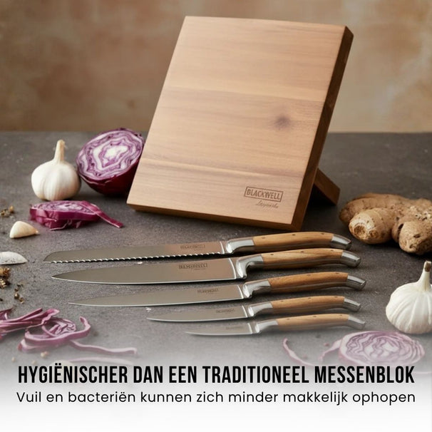 Bloque de cuchillos magnético Blackwell - Set de cuchillos de chef - Laguiole - Madera de olivo - Cuchillo de chef, cuchillo de pan, cuchillo de carne, cuchillo de oficina y cuchillo pelador 6 piezas