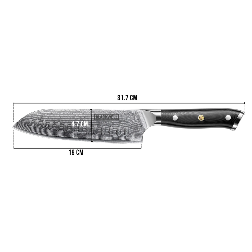 Cuchillo Santoku Blackwell estilo japonés - 67 capas de acero damasco - VG10 - 19 cm