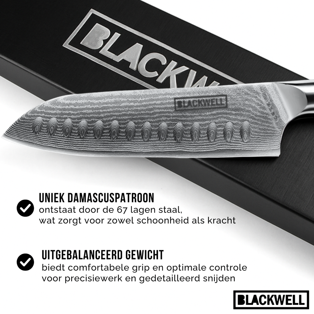Cuchillo Santoku Blackwell estilo japonés - 67 capas de acero damasco - VG10 - 19 cm