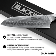 Cuchillo Santoku Blackwell estilo japonés - 67 capas de acero damasco - VG10 - 19 cm