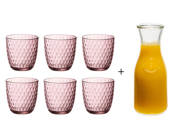 Bormioli Rocco Vasos Slot rosas 290 ml - 6 piezas + Jarra Cookinglife 1 litro