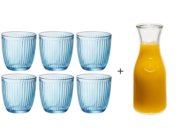 Bormioli Rocco Vasos de agua Line azules 290 ml - 6 piezas + Jarra Cookinglife 1 litro