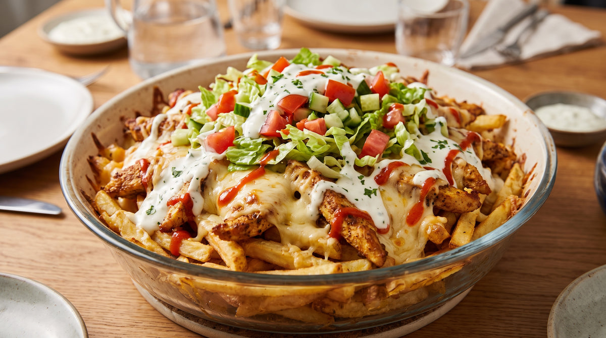Fries, chicken shawarma, melted cheese, fresh lettuce and spicy sauces