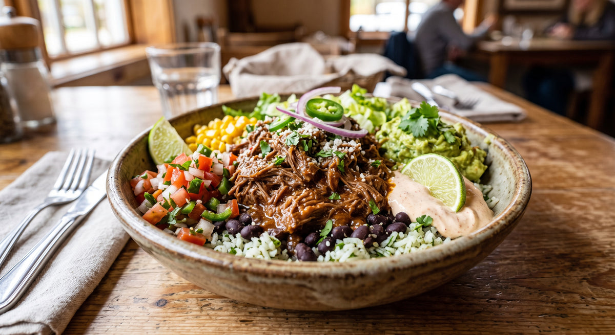 Sappig pulled beef, perfect gegaarde rijst en frisse toppings in één kom