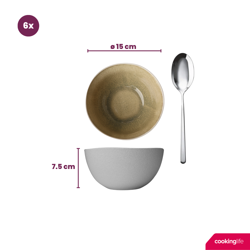 Cookinglife Juego de vajilla Belize 18 piezas / 6 personas - 6 platos llanos ø 25 cm, 6 platos de desayuno ø 21 cm, 6 cuencos para sopa ø 15 cm