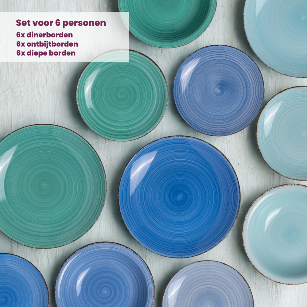 Cookinglife Dinnerware Set Delice Blue - 18 pieces / 6 people - 6 dinner plates, 6 pasta bowls and 6 side plates